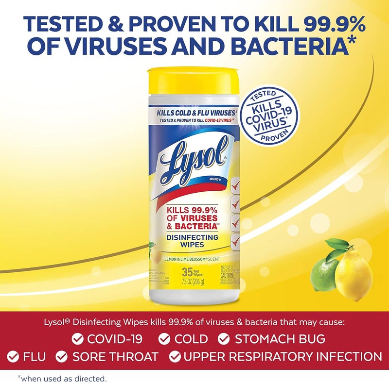 Lysol مناديل مطهرة، للتعقيم، والتعطير، والتنظيف، رائحة الليمون وزهرة الليمون، 35 قطعة - Image 1
