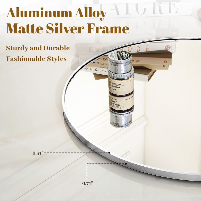 VooBang Silver Round Bathroom Mirror, 30 inch Circle Wall Mounted Hanging Mirror with Simple Modern Circular Metal Frame for Hallway, Entryway, Living Room, Silver Frame - Image 4