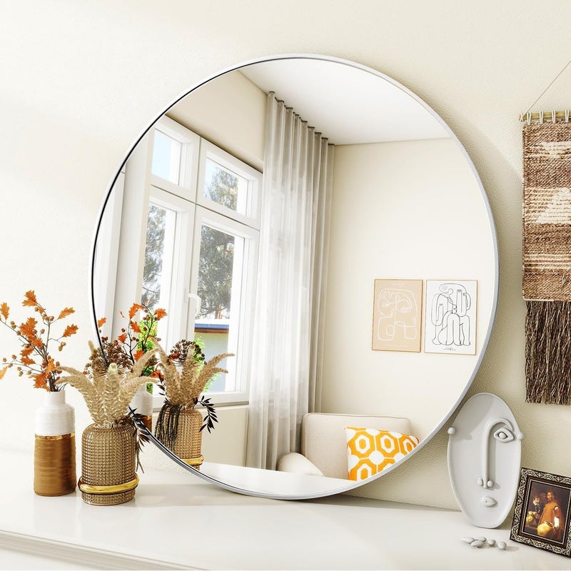 VooBang Silver Round Bathroom Mirror, 30 inch Circle Wall Mounted Hanging Mirror with Simple Modern Circular Metal Frame for Hallway, Entryway, Living Room, Silver Frame - Image 2