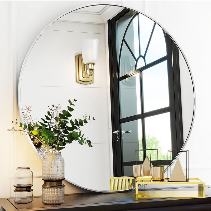 VooBang Silver Round Bathroom Mirror, 30 inch Circle Wall Mounted Hanging Mirror with Simple Modern Circular Metal Frame for Hallway, Entryway, Living Room, Silver Frame - Image 1