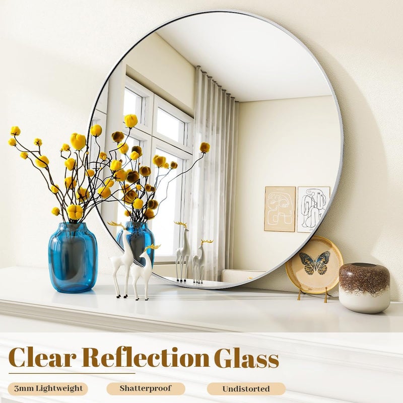 VooBang Silver Round Bathroom Mirror, 30 inch Circle Wall Mounted Hanging Mirror with Simple Modern Circular Metal Frame for Hallway, Entryway, Living Room, Silver Frame - Image 3
