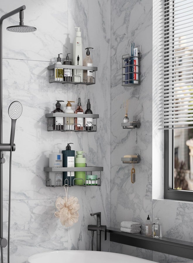 Veken Adhesive Shower Caddy 6-Pack,Heavy Weight Bearing,Large Wall Mounted Shower Shelves Rack,Organizer Storage Accessories with Soap Dish&Toothbrush Holder,Ideal for Bathroom,Home&Kitchen,Grey - Image 4