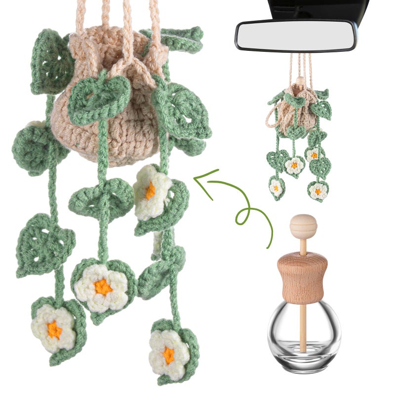 DaisyInner Cute Crochet Plant Car Freshener 12ml Empty Refillable Diffuser Bottle with Plants Hanging Accessories for Ornaments Charms Rearview Mirror Home Office Decor Women GiftsDaisy - Image 3