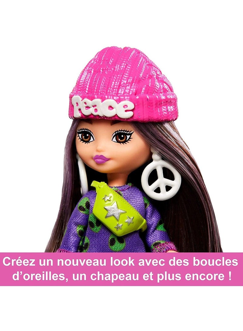 Barbie Extra Mini Minis Brunette Doll With Alien Sweater Dress, Peace Sign-Themed Clothes And Accessories  - Image 2