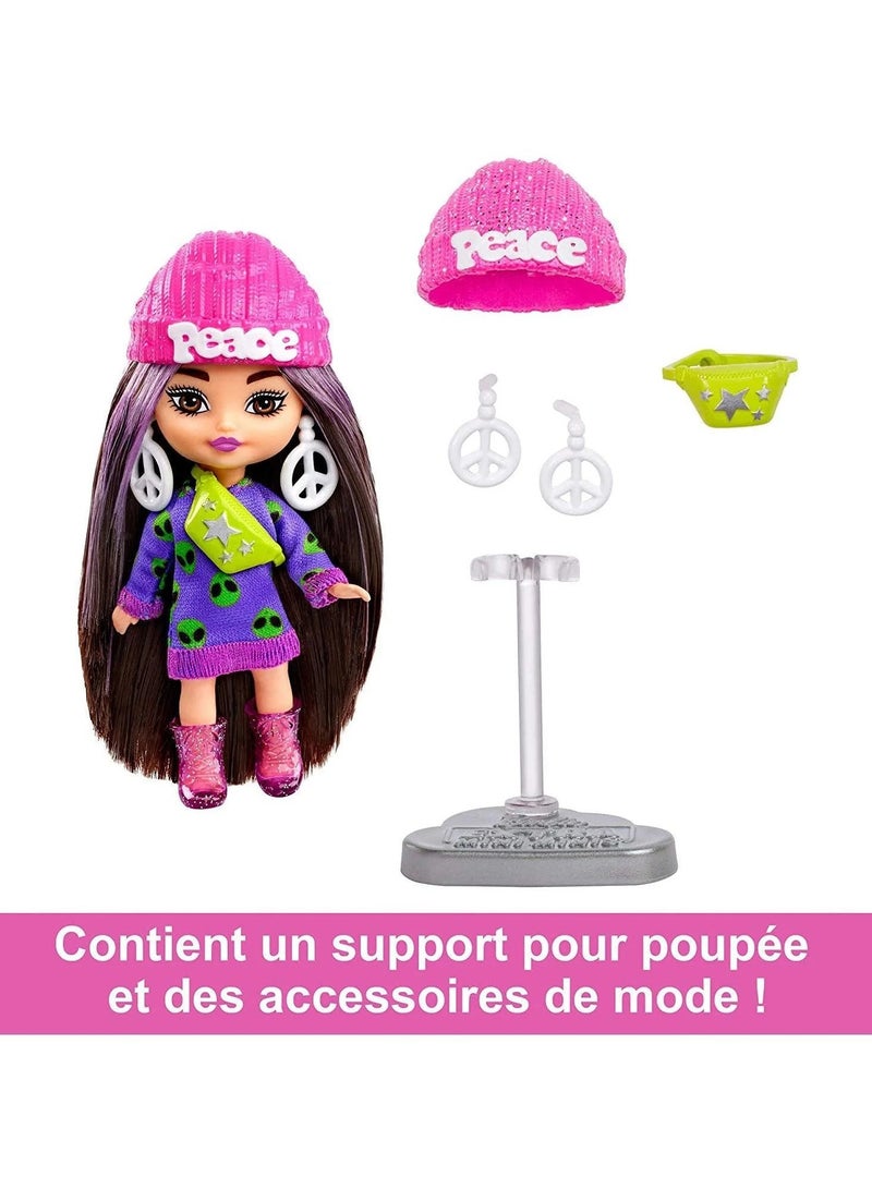 Barbie Extra Mini Minis Brunette Doll With Alien Sweater Dress, Peace Sign-Themed Clothes And Accessories  - Image 4