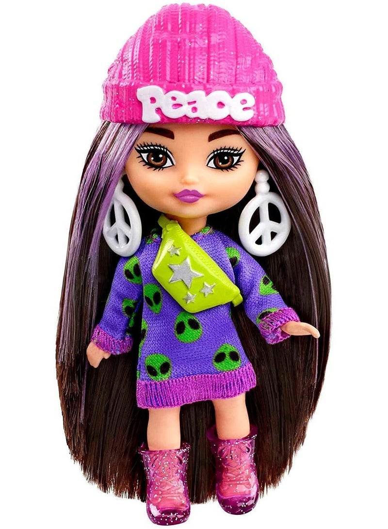 Barbie Extra Mini Minis Brunette Doll With Alien Sweater Dress, Peace Sign-Themed Clothes And Accessories  - Image 1