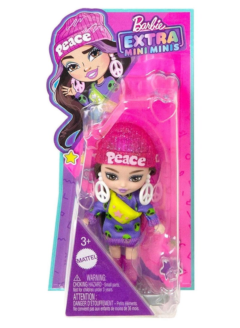 Barbie Extra Mini Minis Brunette Doll With Alien Sweater Dress, Peace Sign-Themed Clothes And Accessories  - Image 3