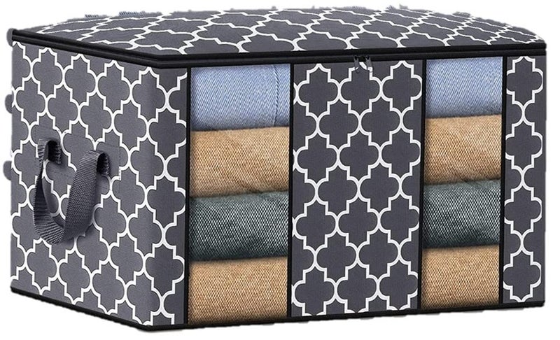 KIKA HOMS Moroccan Print Clothes Storage Bag Organizer [1 Pack/100L], Large Capacity Clothes Organization for Comforter, Blanket, Bedding, Grey - Image 1