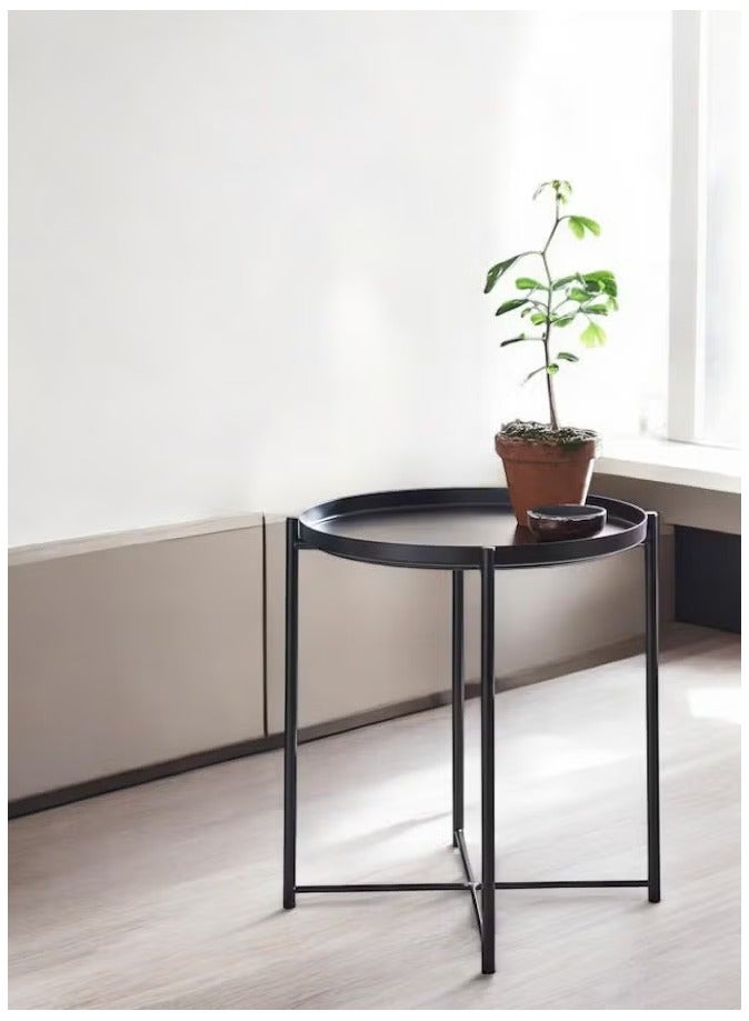 أساسيات 360 طاولة قهوة معدنية دائرية مع سطح صينية قابل للفصل، طاولة جانبية فاخرة باللون الأسود على الطراز النوردي لغرفة المعيشة وغرفة النوم، 45×53 سم - Image 3