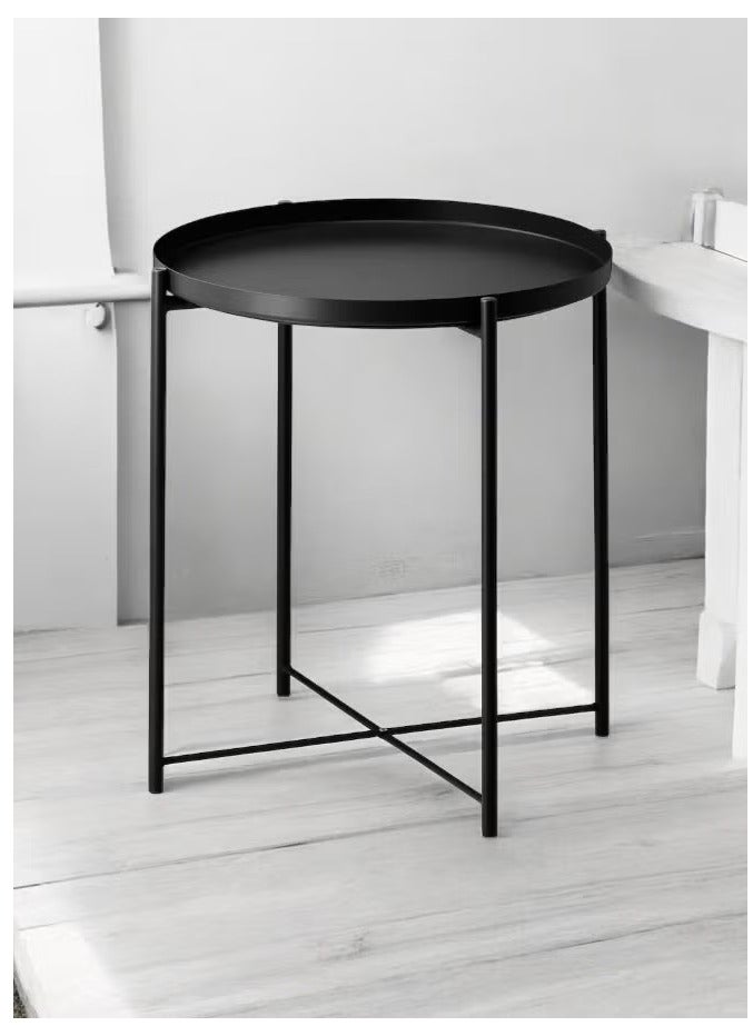 أساسيات 360 طاولة قهوة معدنية دائرية مع سطح صينية قابل للفصل، طاولة جانبية فاخرة باللون الأسود على الطراز النوردي لغرفة المعيشة وغرفة النوم، 45×53 سم - Image 1