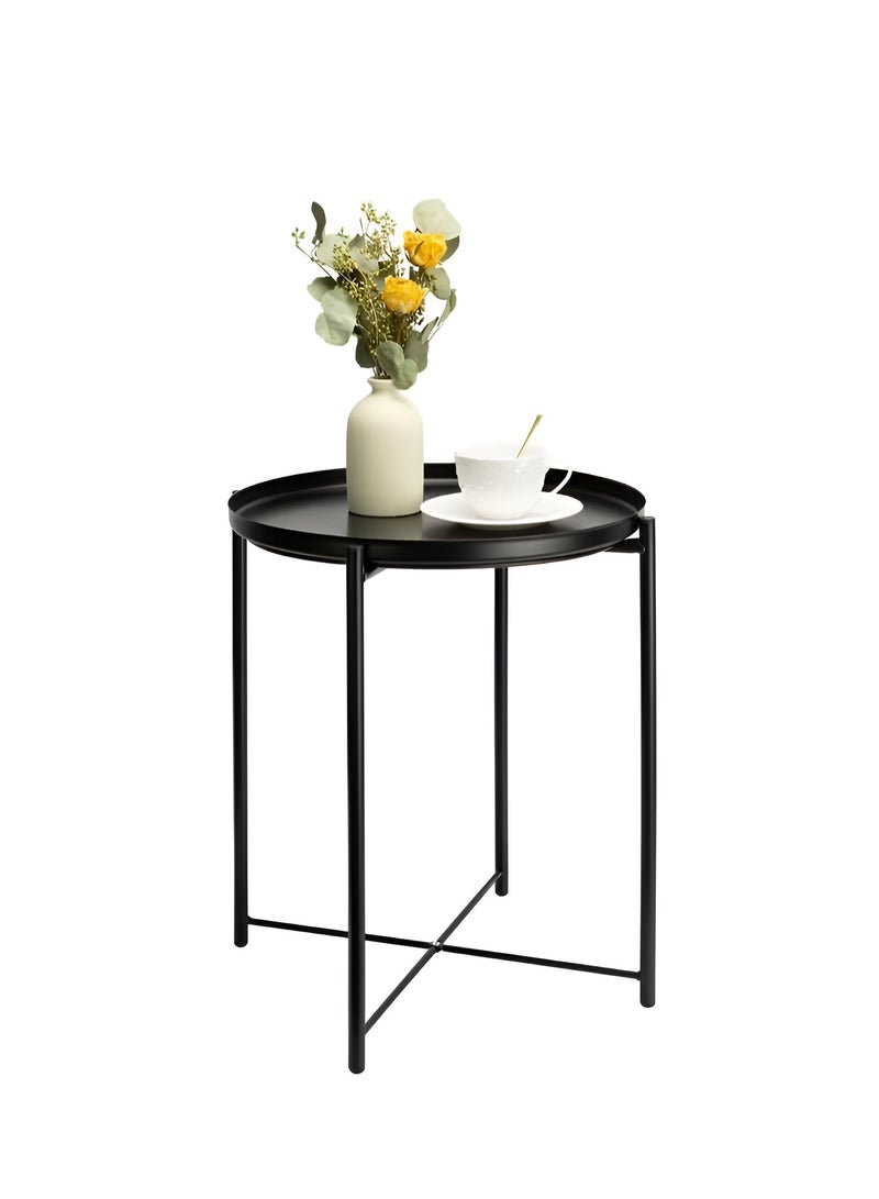 أساسيات 360 طاولة قهوة معدنية دائرية مع سطح صينية قابل للفصل، طاولة جانبية فاخرة باللون الأسود على الطراز النوردي لغرفة المعيشة وغرفة النوم، 45×53 سم - Image 2