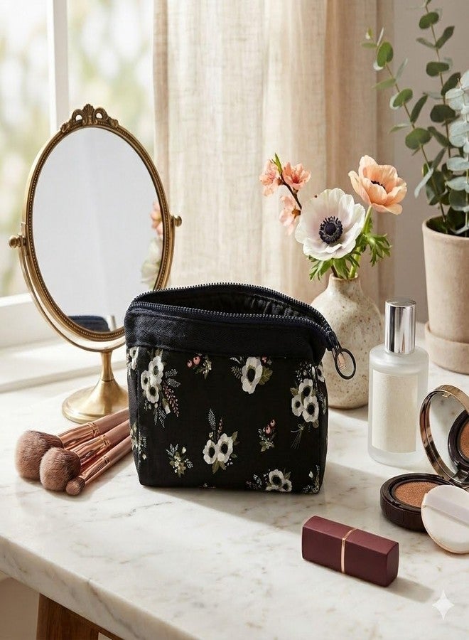 AASHRIT Cosmetic Toiletry Makeup Pouch with Portable Travel Multipurpose Water-Resistant Zipper Makeup Brush Bags - Black Flower ASPBF-36 - Image 1