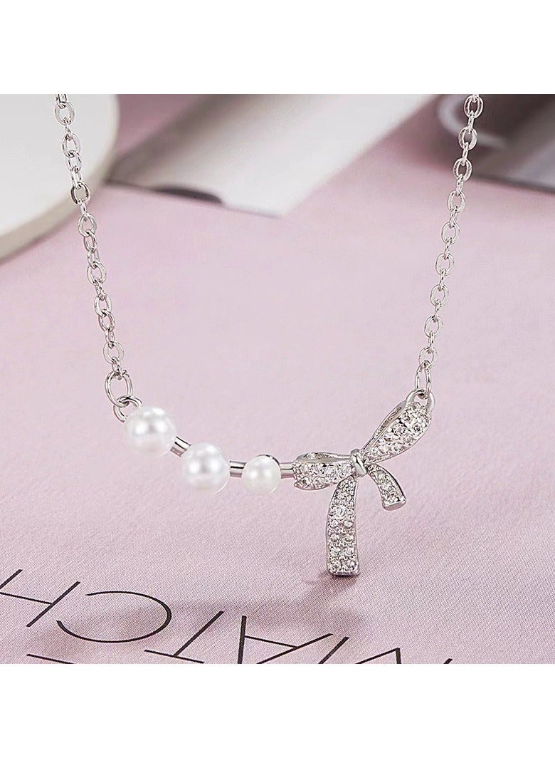 Goolsky Elegant Bow & Pearl Necklace – Sweet Fairycore Collarbone Chain for Women | Delicate & Classy Choker  - Image 1