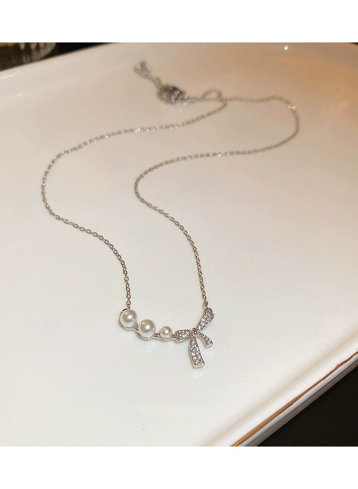 Goolsky Elegant Bow & Pearl Necklace – Sweet Fairycore Collarbone Chain for Women | Delicate & Classy Choker  - Image 2