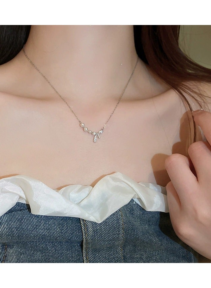 Goolsky Elegant Bow & Pearl Necklace – Sweet Fairycore Collarbone Chain for Women | Delicate & Classy Choker  - Image 4
