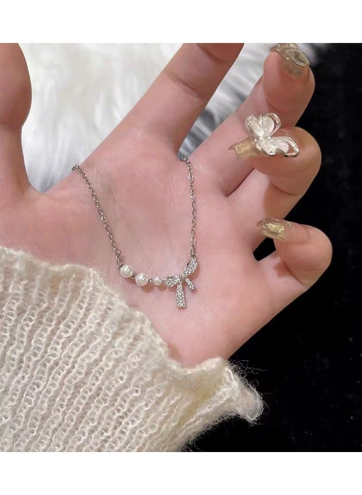 Goolsky Elegant Bow & Pearl Necklace – Sweet Fairycore Collarbone Chain for Women | Delicate & Classy Choker  - Image 5