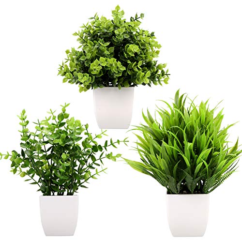 GREENTIME 3Pack Mini Fake Plants in Pots Artificial Plastic Eucalyptus Plant Wheat Grass Potted Faux Greenery Indoor for Office Desk Coffee Table Bathroom Bedroom Home Decorations - Image 1