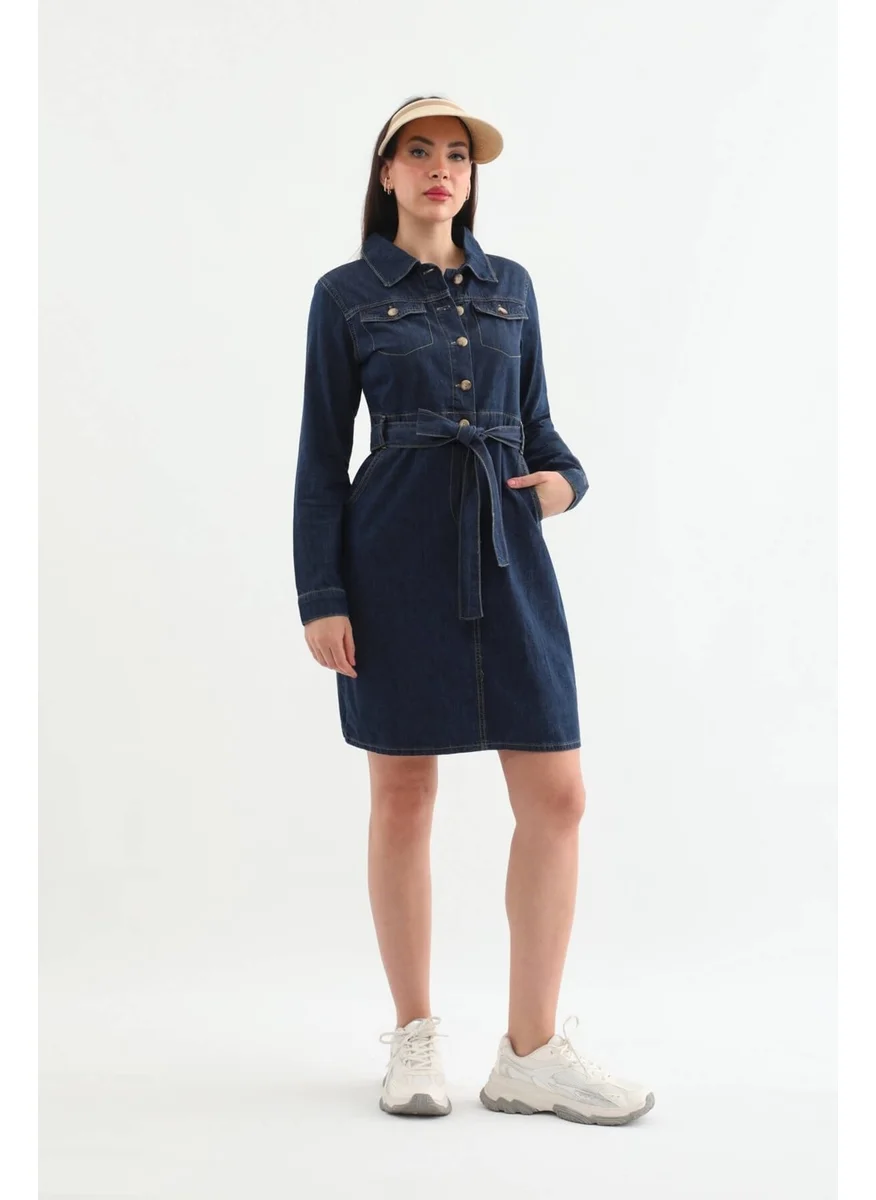 Banny Jeans Women Belted Long Sleeve Dress