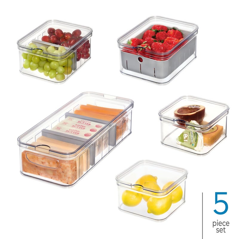 إنترديزاين idesign هش 5 قطع منظم الثلاجة البلاستيكية المعاد تدويرها صندوق صندوق مع أغطية واضحة/رمادية - Image 2