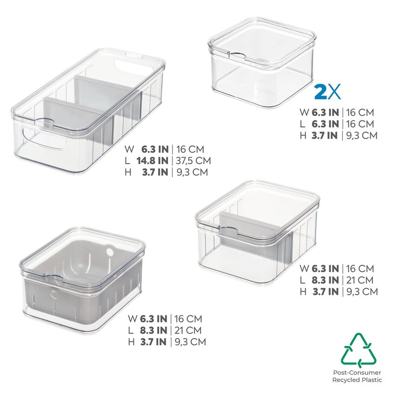 إنترديزاين idesign هش 5 قطع منظم الثلاجة البلاستيكية المعاد تدويرها صندوق صندوق مع أغطية واضحة/رمادية - Image 3