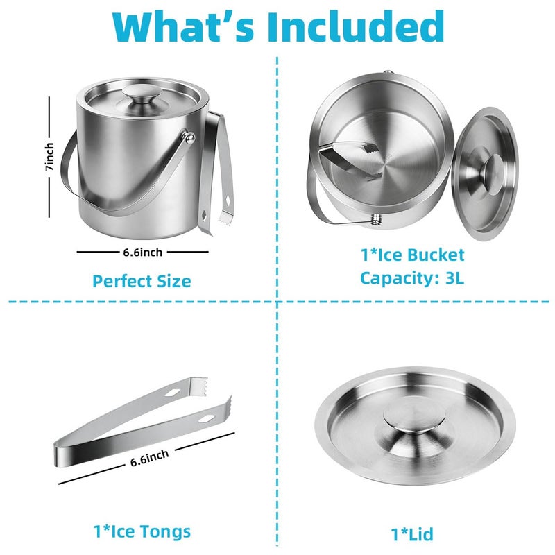 ChefBee Stainless Steel Ice Bucket - 3L Double-Wall Insulated Ice Buckets for Parties with Lid & Tongs, Large Champagne Wine Drink Container Holder, Ideal for Freezer Cocktail Home Bar Accessories - Image 2