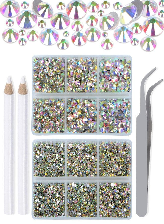 LPBeads 6000 Pieces Clear AB Non Hotfix Rhinestones 6 Sizes Round Crystal Glass Flat Back Rhinestones with Tweezers and Picking Pen for Nail Art Crafts Clothes Bags DIY - Image 1