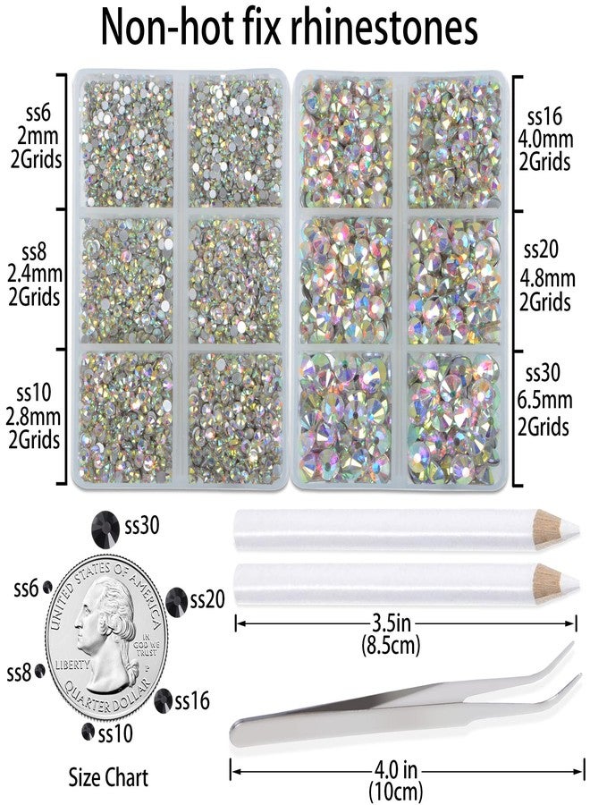 LPBeads 6000 Pieces Clear AB Non Hotfix Rhinestones 6 Sizes Round Crystal Glass Flat Back Rhinestones with Tweezers and Picking Pen for Nail Art Crafts Clothes Bags DIY - Image 2