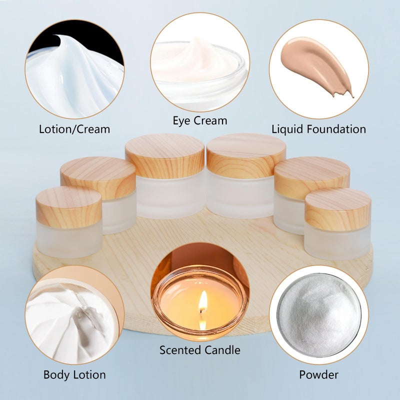 Miayon 6Pcs Glass Cosmetic Container with Wood Grain Lid Refillable Cosmetic Jar Frosted Glass Cream Container with Leak-proof Lid Empty Sample Jar for Makeup,Lotion,Eye Creams,Scrub Cream,Home Travel - Image 5