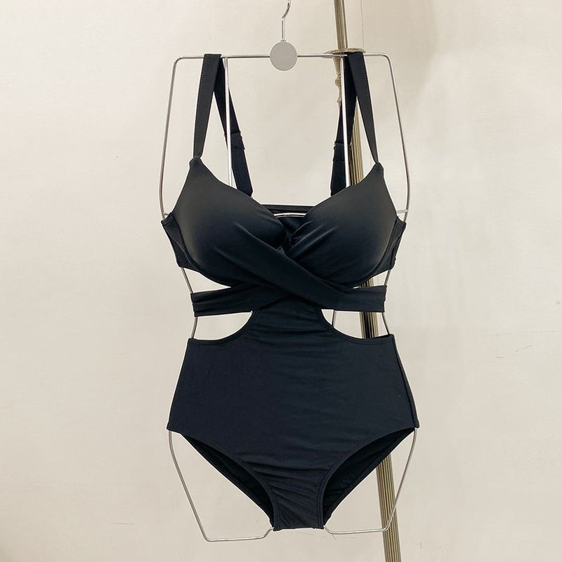 Factory 4 Colors 2023 Korea New Spring Small Chest Gathered Steel Strap Solid Color One-Piece Swimsuit - Image 5
