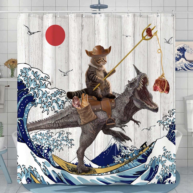 Fowocu 78 Inch Long Funny Cat Dinosaur Shower Curtain Fun Cool Cat Japanese Ocean Wave Waterproof Fabric Shower Curtains for Bathroom Kids Rustic Wood Farmhouse Bath Curtain Decor (72''?78'') - Image 1