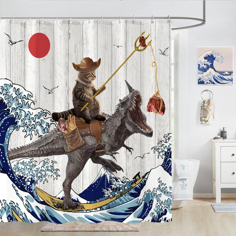 Fowocu 78 Inch Long Funny Cat Dinosaur Shower Curtain Fun Cool Cat Japanese Ocean Wave Waterproof Fabric Shower Curtains for Bathroom Kids Rustic Wood Farmhouse Bath Curtain Decor (72''?78'') - Image 3