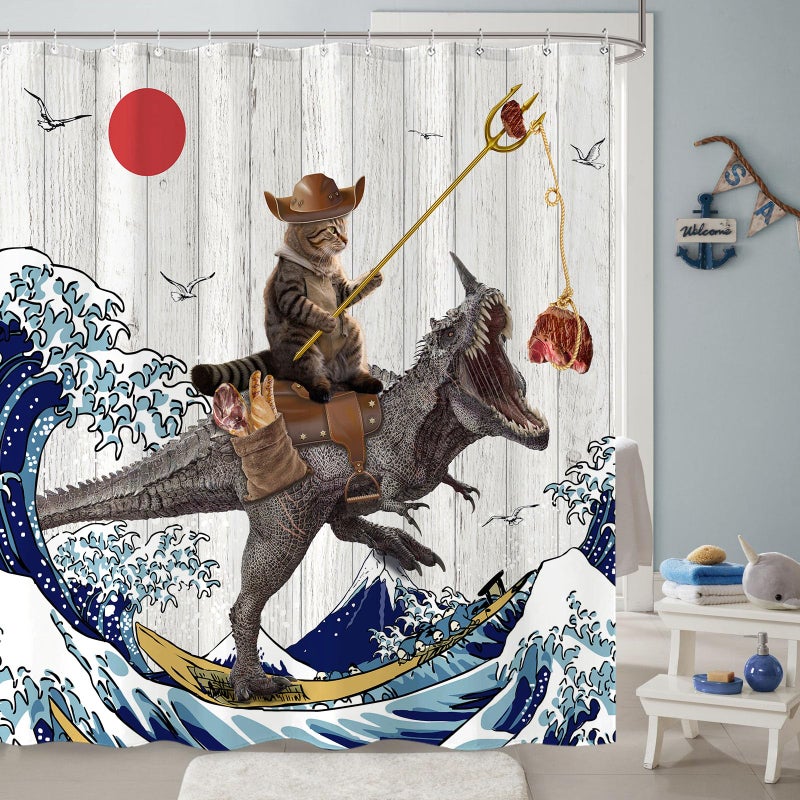 Fowocu 78 Inch Long Funny Cat Dinosaur Shower Curtain Fun Cool Cat Japanese Ocean Wave Waterproof Fabric Shower Curtains for Bathroom Kids Rustic Wood Farmhouse Bath Curtain Decor (72''?78'') - Image 5