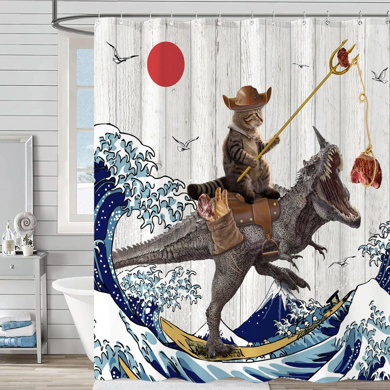 Fowocu 78 Inch Long Funny Cat Dinosaur Shower Curtain Fun Cool Cat Japanese Ocean Wave Waterproof Fabric Shower Curtains for Bathroom Kids Rustic Wood Farmhouse Bath Curtain Decor (72''?78'') - Image 2