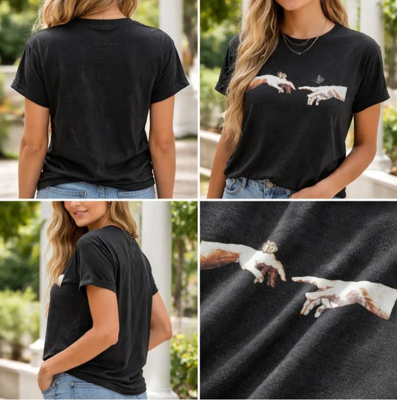 Aroma Aura Women's Round Neck Short Sleeve Cotton T-Shirt Featuring Michelangelo Creation of Adam Hands Graphic - Image 3