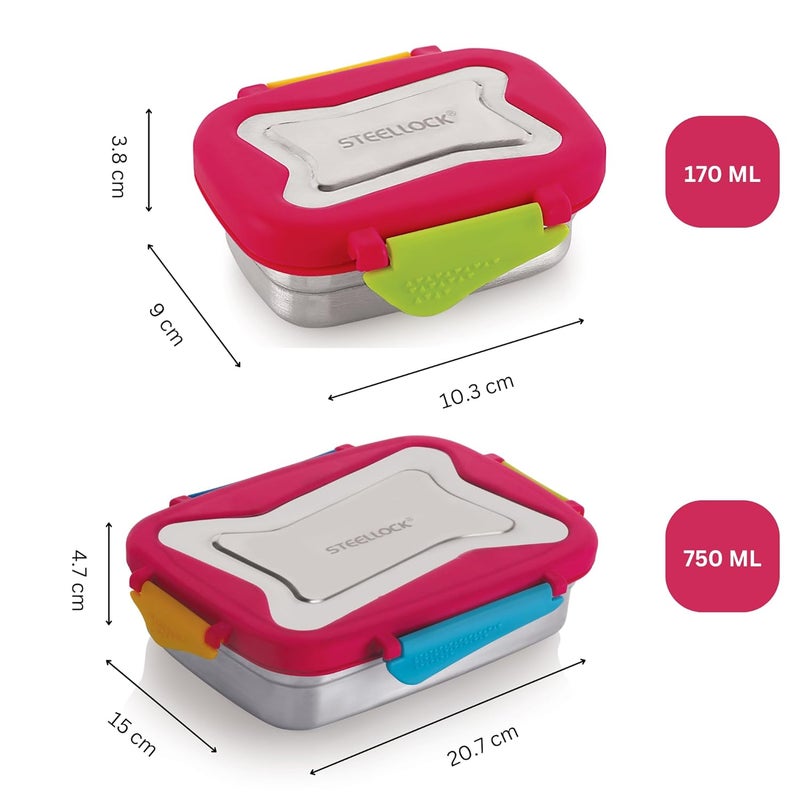 STEELLOCK Smart Stainless Steel Tiffin Lunch Box For Kids and Adults 2pc Set Airtight Leakproof Rectangle Combo For School Office With Steel Lid 1pc 750ml 1pc 170ml Juliet - Image 5