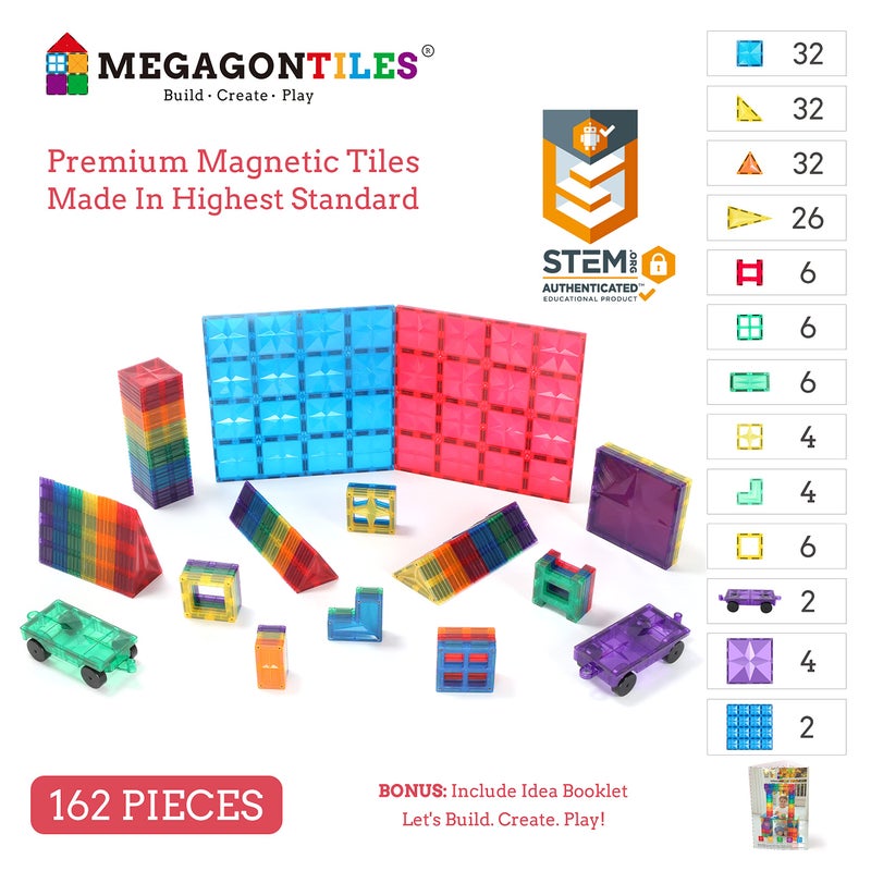 MEGAGONTILES 162PCS Premium Magnetic Tiles Set  STEMAuthenticated Magnetic Building Blocks  Educational Construction Toy for Kids Ages 38 Boys  Girls - Image 3