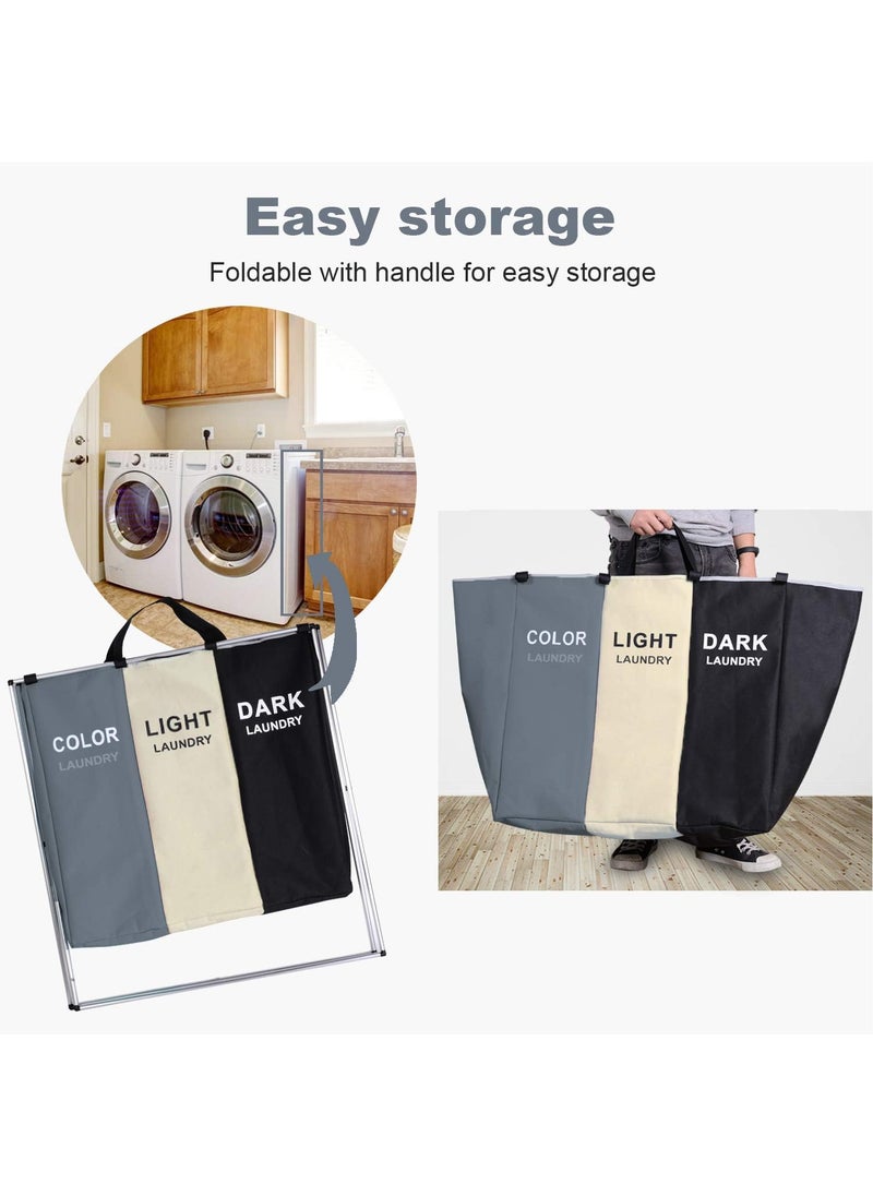 Jolfay Collections CollapsibleLaundry Basket with Aluminum Bracket and Handle Foldable and WashableLarge WashingBasket Large Foldable Laundry 3 Compartments Dirty Clothes Bag with Handle  - Image 2
