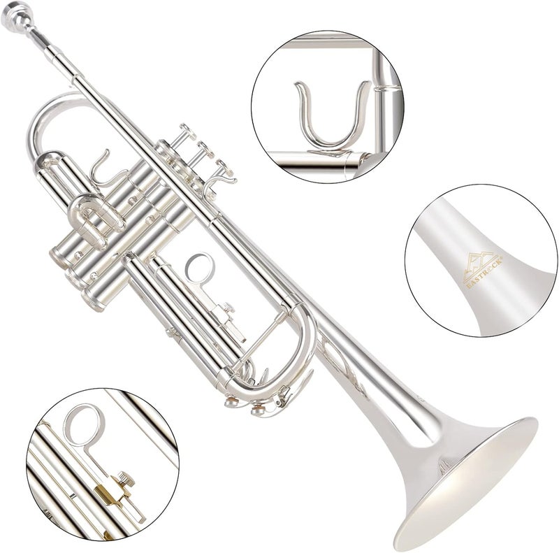 EASTROCK Bb Trumpet Standard Trumpet Set with Carrying Case, Gloves, 7C Mouthpiece, Tuning Rod (Silver) - Image 4