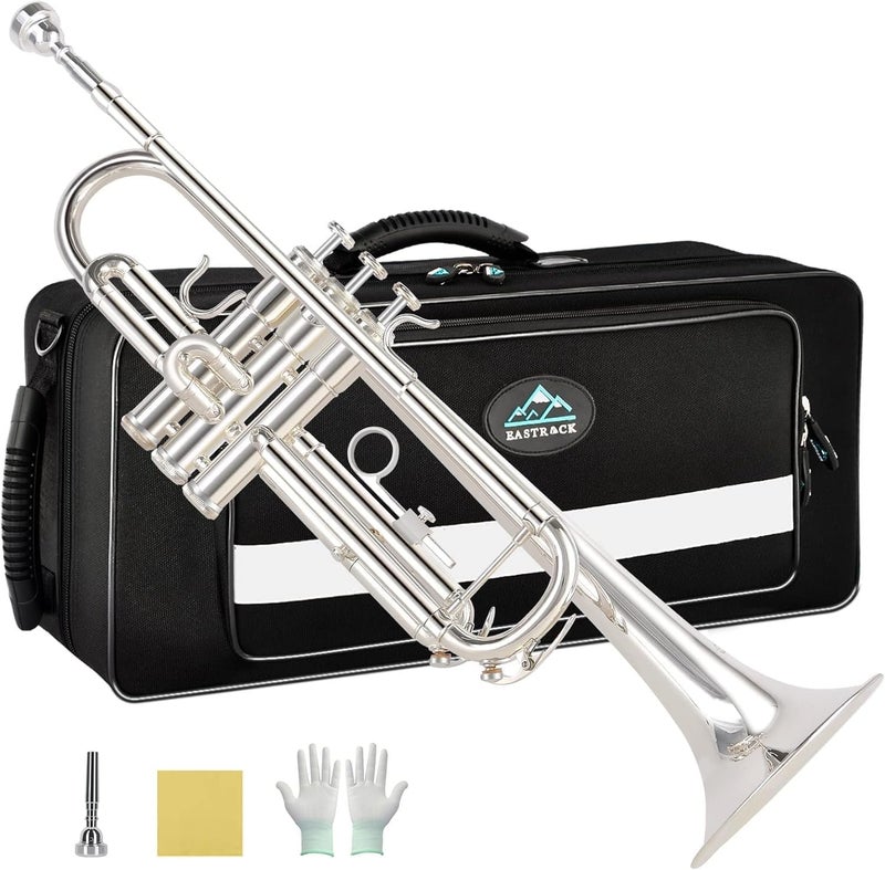 EASTROCK Bb Trumpet Standard Trumpet Set with Carrying Case, Gloves, 7C Mouthpiece, Tuning Rod (Silver) - Image 1