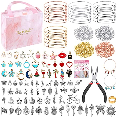Thrilez 300Pcs Charm Bangle Bracelets Making Kit with Expandable Bangles, Charms, Jump Rings and Pliers for Jewelry Making Bangle Bracelets (with Gift Box and Tools) - Image 1