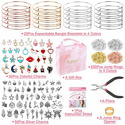 Thrilez 300Pcs Charm Bangle Bracelets Making Kit with Expandable Bangles, Charms, Jump Rings and Pliers for Jewelry Making Bangle Bracelets (with Gift Box and Tools) - Image 3