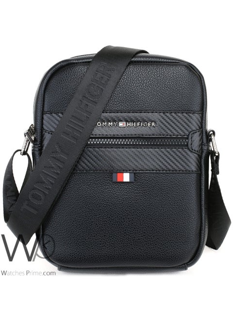 Black Leather Tommy Hilfiger Crossbody Messenger Men Bag