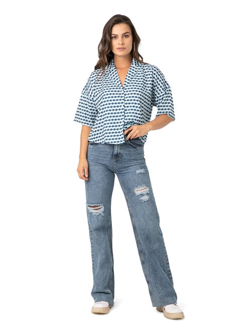 Printed Button Front Blouse