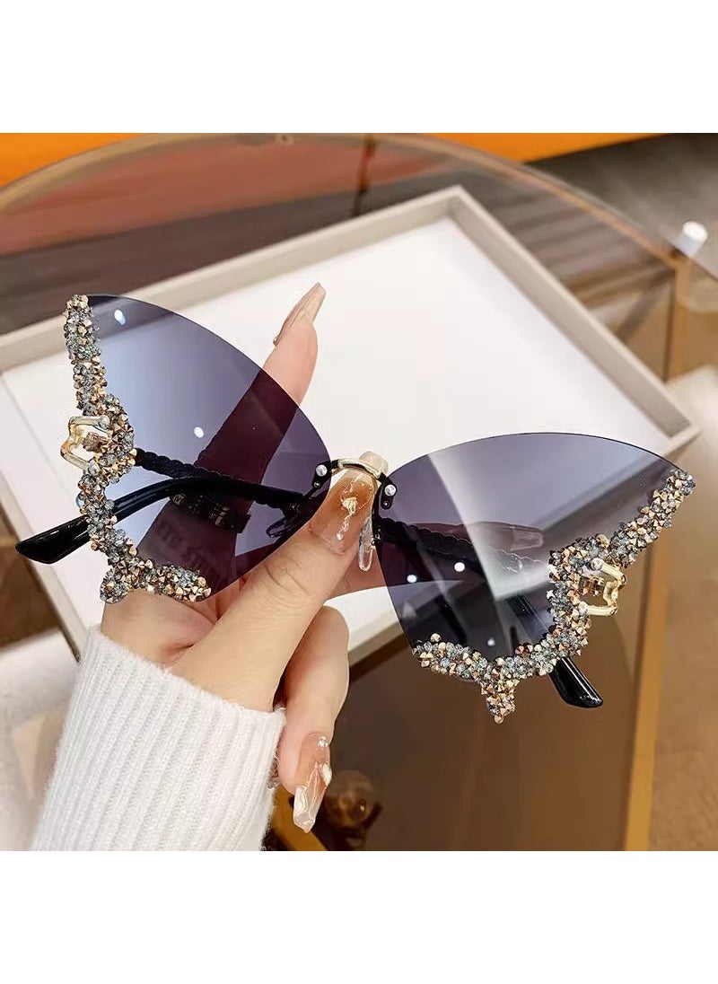 2024 New Butterfly Diamond Sunglasses for Women Blue and gray full diamonds