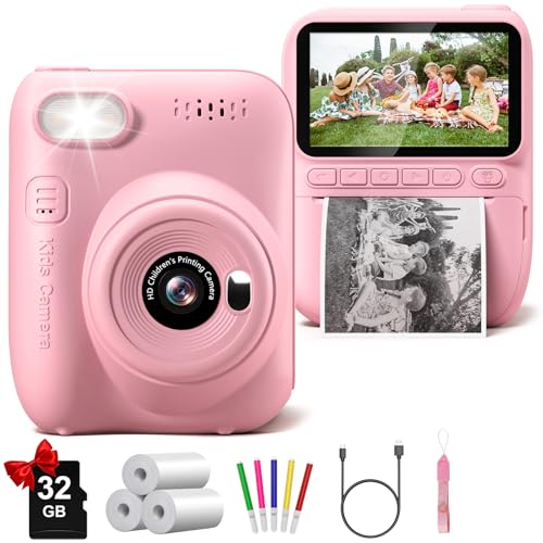 Gofunly Instant Print Camera for Kids 30 HD 32MP Kids Camera 1080P with 3 Rolls of Printer Paper Birthday Gifts Toy for 312 Year Old Girls Boys with 32GB SD CardPink - Image 1