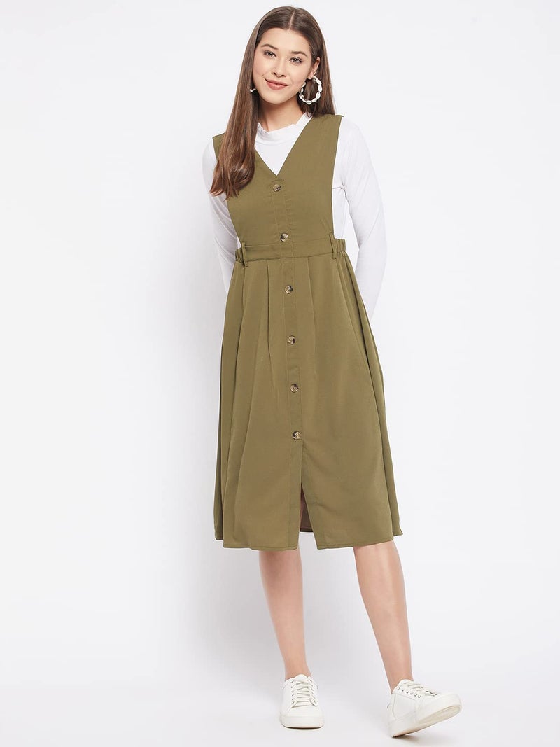 WineRed Women Soild Pinafore Midi Dress With Button Green - Image 4