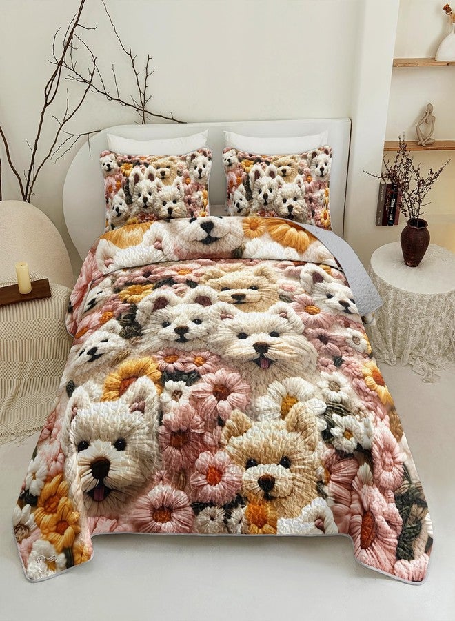 QOOMO Cartoon Dog Kids Quilt Set,3 Pieces Cute Flowers Bedspreads Coverlet Set Twin Size,Soft Microfiber Lightweight Bedding Set with 1 Quilt 2 Pillowcases for All Season - Image 4