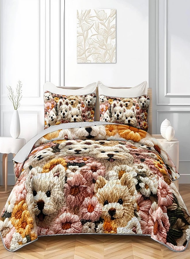 QOOMO Cartoon Dog Kids Quilt Set,3 Pieces Cute Flowers Bedspreads Coverlet Set Twin Size,Soft Microfiber Lightweight Bedding Set with 1 Quilt 2 Pillowcases for All Season - Image 2