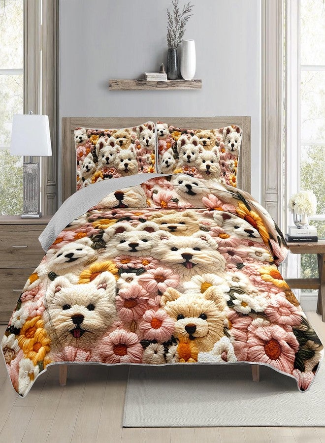 QOOMO Cartoon Dog Kids Quilt Set,3 Pieces Cute Flowers Bedspreads Coverlet Set Twin Size,Soft Microfiber Lightweight Bedding Set with 1 Quilt 2 Pillowcases for All Season - Image 3