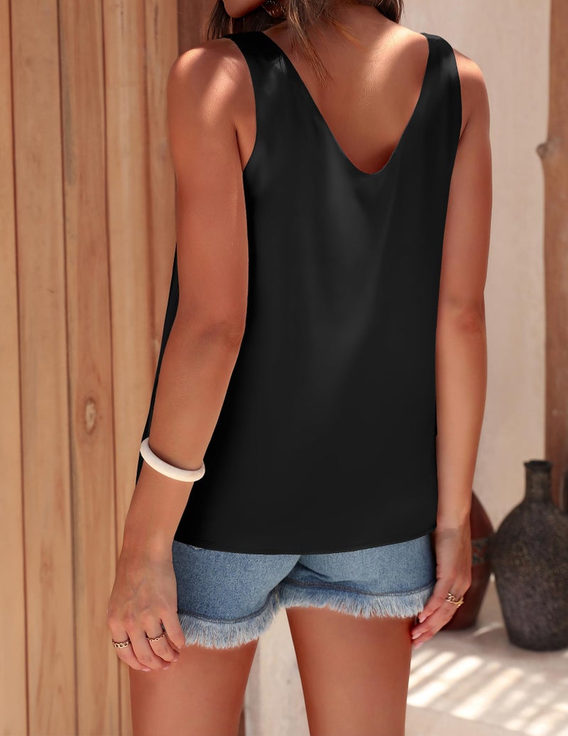 Ekouaer Womens Silk Satin Tank Tops V Neck Casual Cami Sleeveless Camisole Blouses Summer Basic Tank Shirt, Black - Image 4